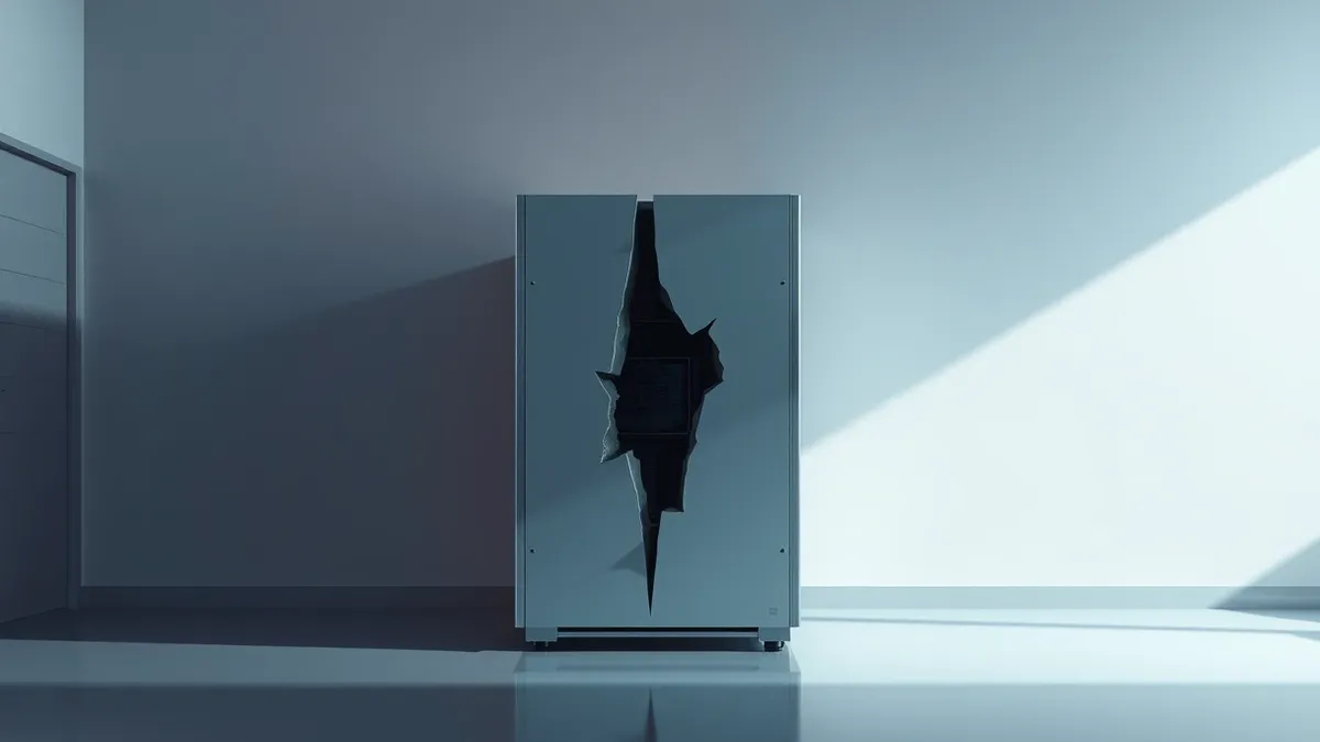 Illustration: A standalone medical imaging server sits in a dim room, its blank front panel reflecting a single red warning light.