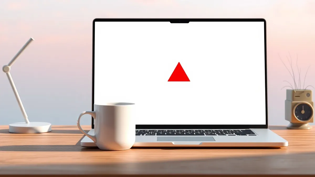 Illustration: A white ceramic coffee mug sits on a wooden desk next to a generic laptop computer.