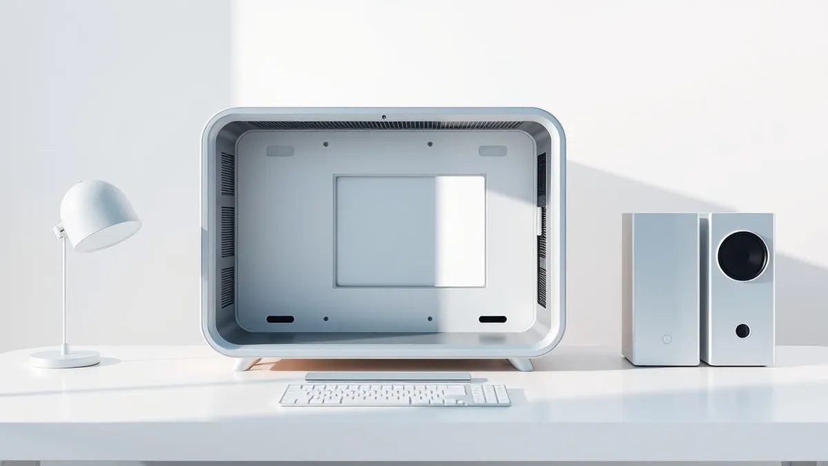 Illustration: A sleek silver aluminum desktop computer sits on a clean white desk.
