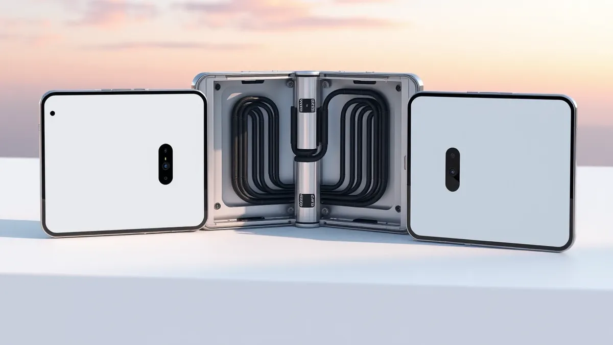 Illustration: A foldable smartphone rests open on a white surface, its central hinge exposed to reveal thin, dark graphite cooling pipes winding through the metal frame.