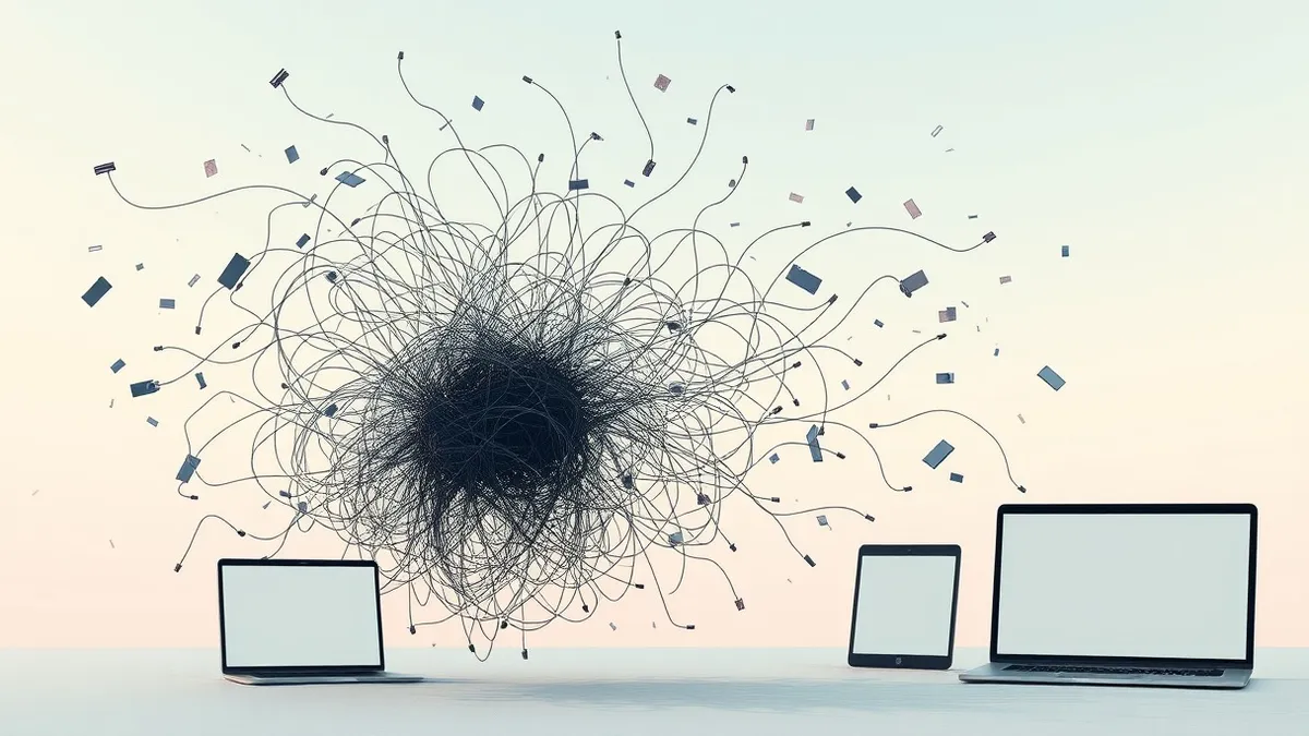 Illustration: A chaotic tangle of digital threads snaps and unravels in mid-air, separating into loose, disconnected fragments.