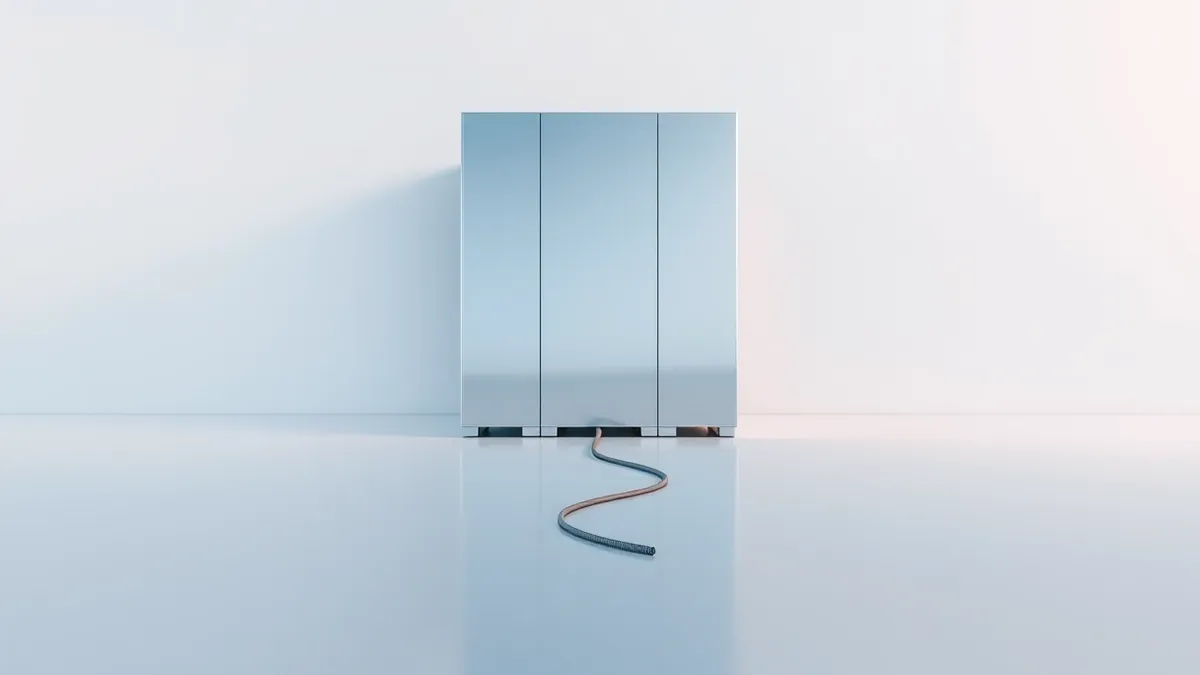 Illustration: A sleek silver server rack stands in a minimalist white room, its blank front panels reflecting the cool ambient light.
