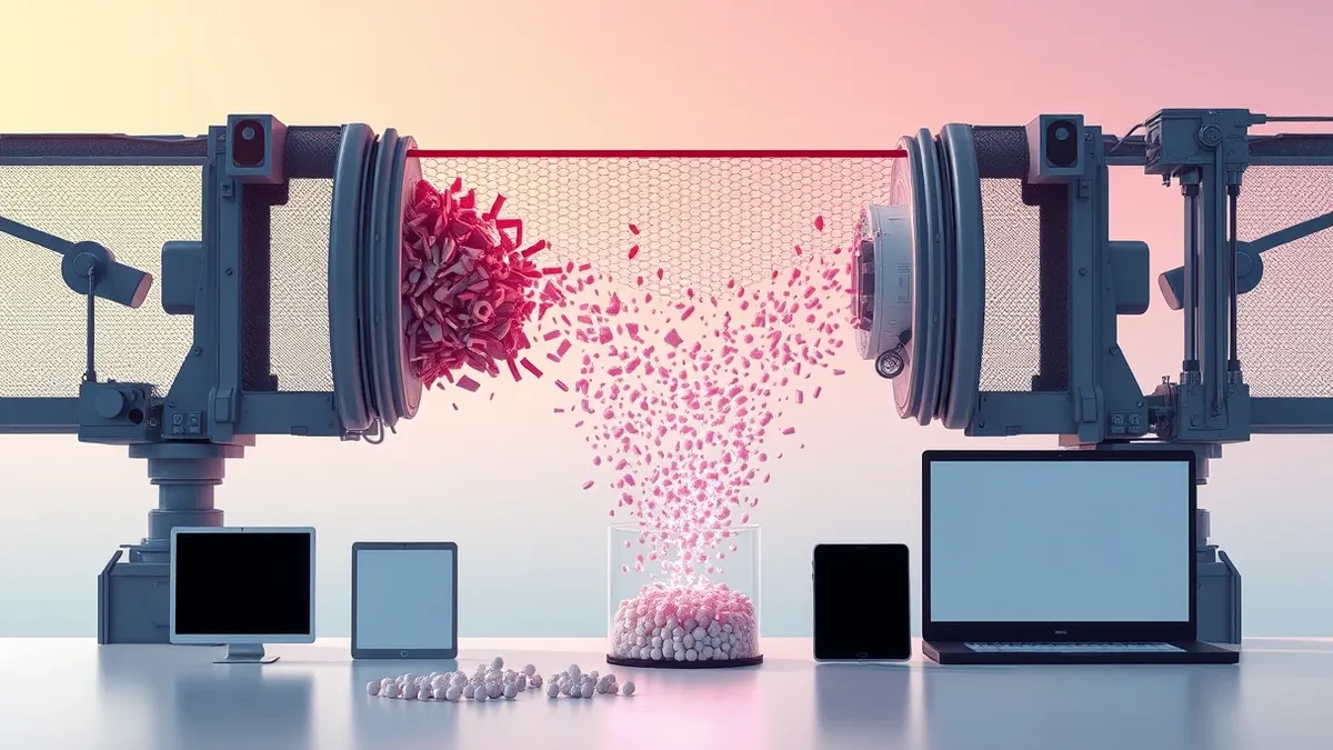 Illustration: A complex mechanical sieve stands between a chaotic stream of glowing raw particles and a clean, orderly path.