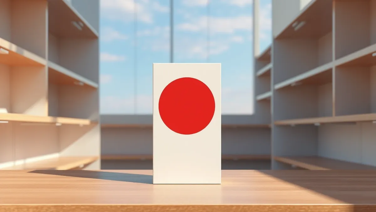 Illustration: A sleek white smartphone box sits alone on a polished wooden retail counter.