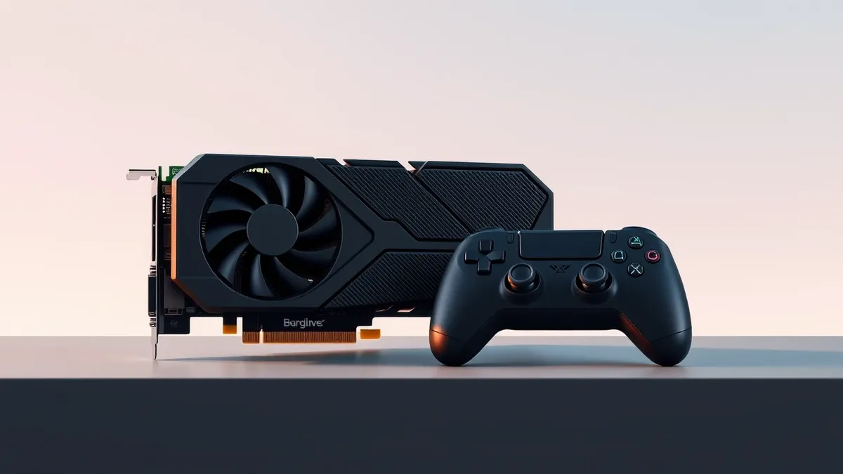 Illustration: A sleek black graphics card sits beside a modern game controller and a compact handheld gaming device.