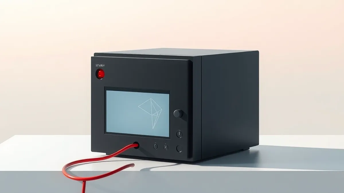 Illustration: A sleek black security gateway device sits isolated on a white table.