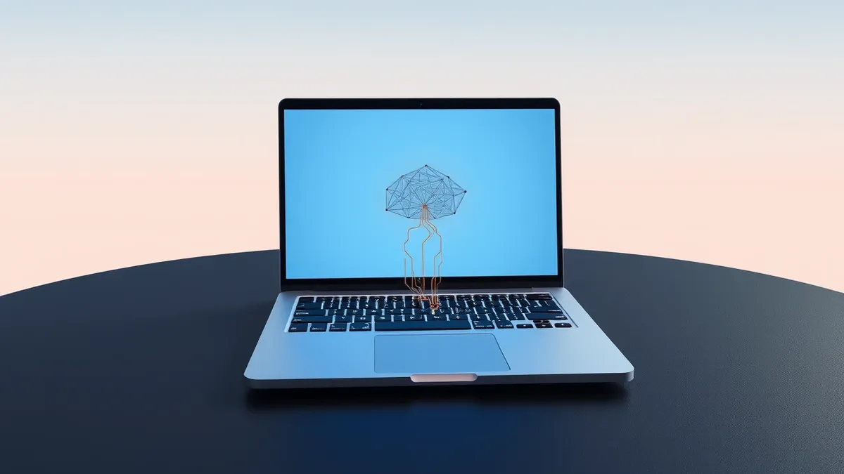 Illustration: A sleek silver laptop rests on a matte black table with its lid open.