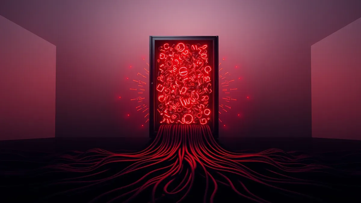 Illustration: A solitary server cabinet stands isolated in a dark room, its front panel illuminated by a chaotic storm of swirling red warning lights.