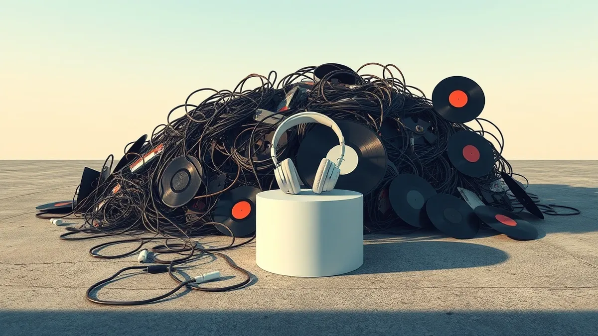 Illustration: A tangled heap of distorted audio cables and broken vinyl records sits discarded on a concrete floor, overshadowed by a single sleek white wireless headphone resting 
