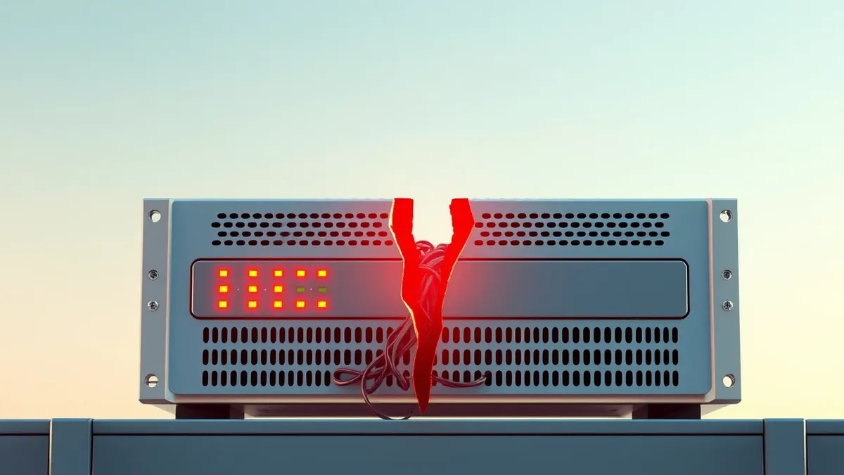Illustration: A sleek metal network appliance sits on a server shelf with its front panel lights glowing steady amber.
