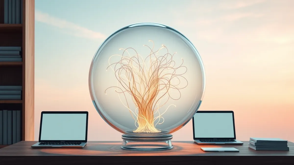 Illustration: A transparent glass sphere rests on a wooden desk, filled with neatly organized, glowing threads that follow distinct paths.