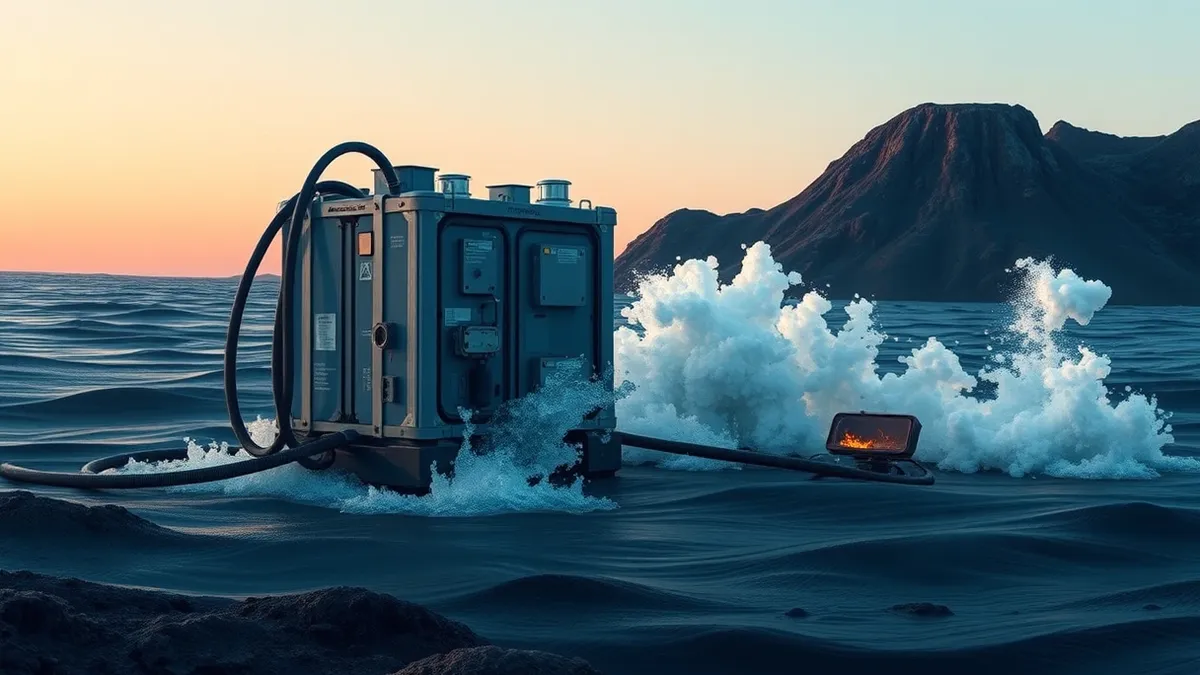 Illustration: A rugged subsea power module sits on the dark ocean floor near a steaming volcanic vent.