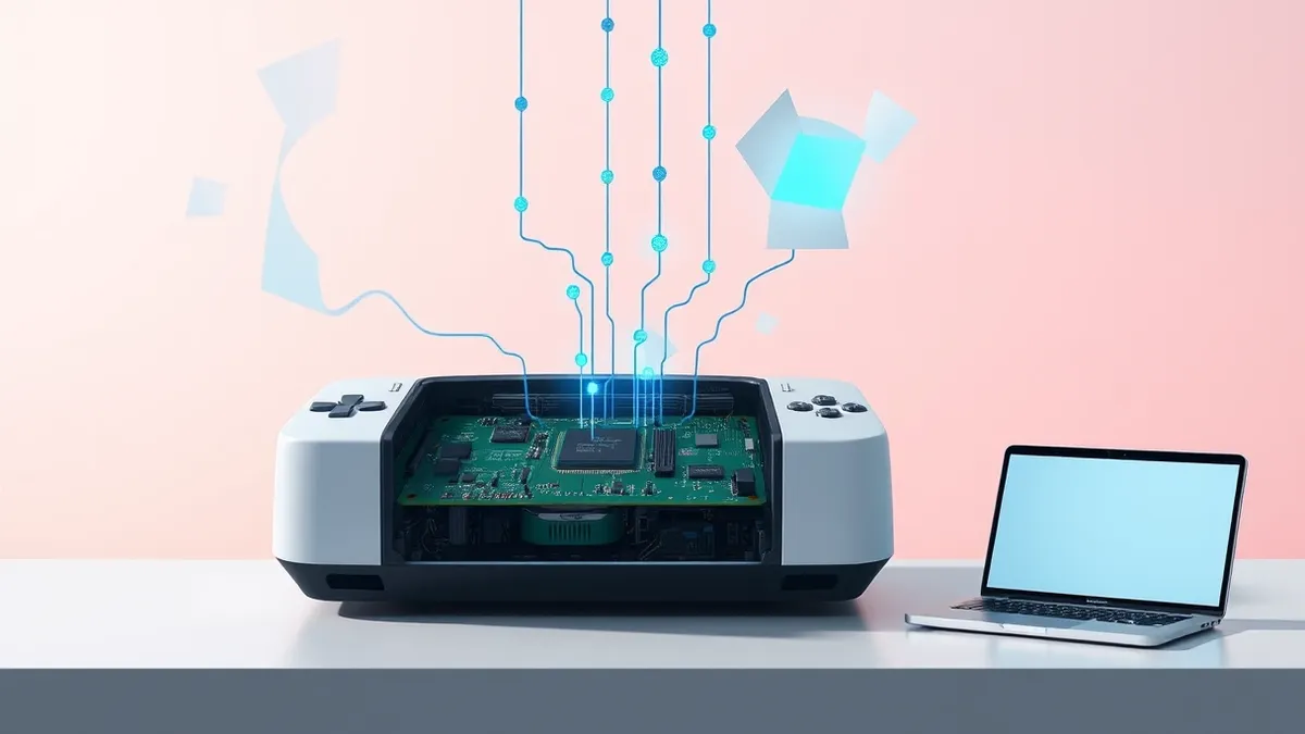 Illustration: A white gaming console sits open on a desk, revealing its internal green circuit board and exposed memory chips.