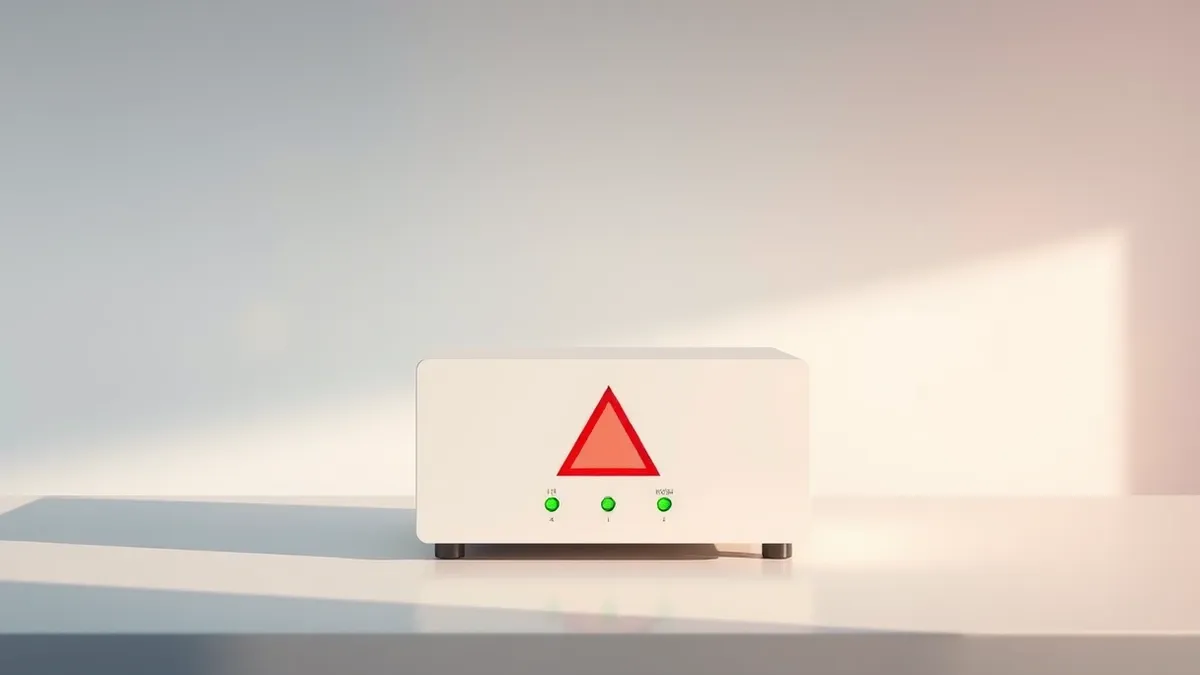 Illustration: A white network firewall appliance sits on a clean desk, its front panel showing three small green status lights.
