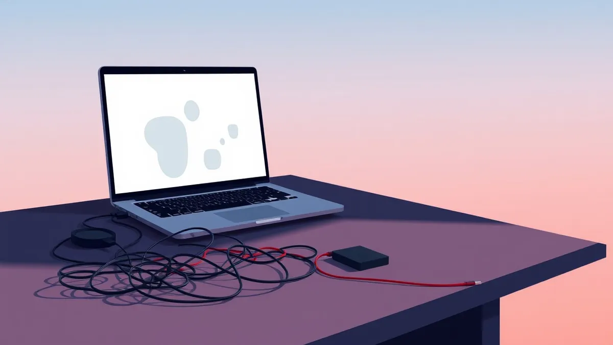 Illustration: An open laptop sits on a dark desk, its screen glowing with blank abstract shapes.