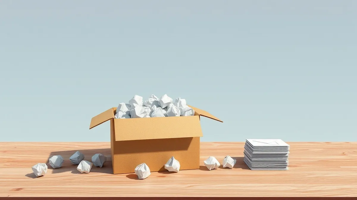 Illustration: An open cardboard box overflows with crumpled paper balls on a wooden desk.
