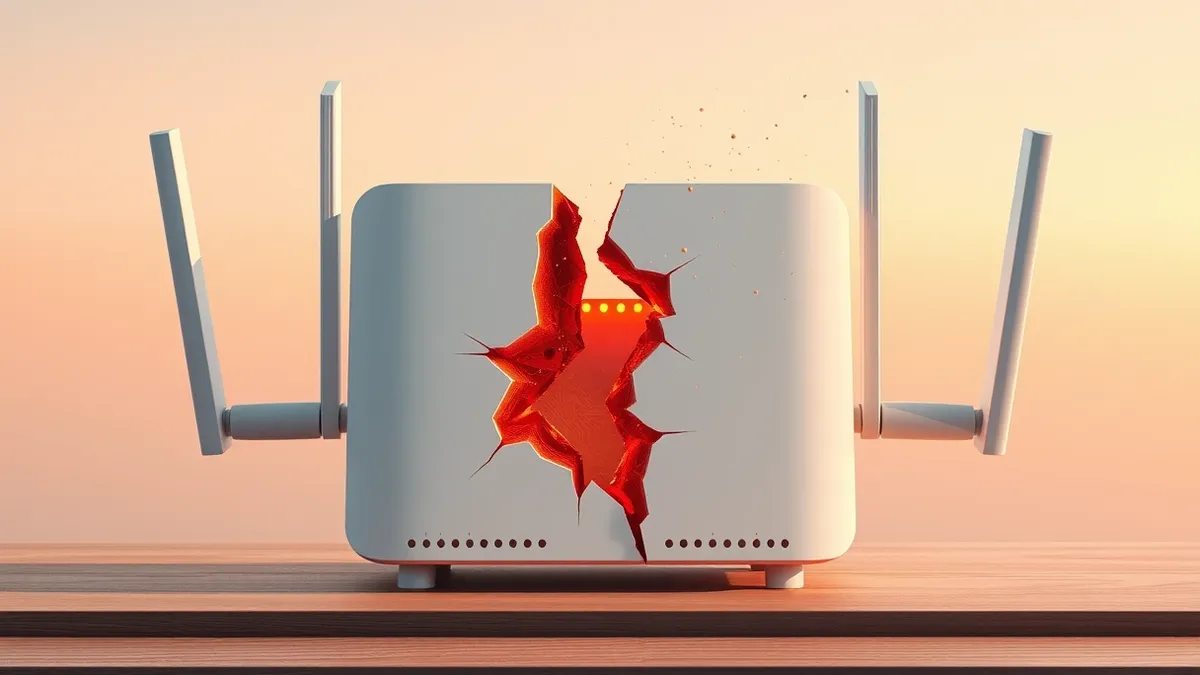 Illustration: A white wireless router with external antennas sits on a wooden desk.