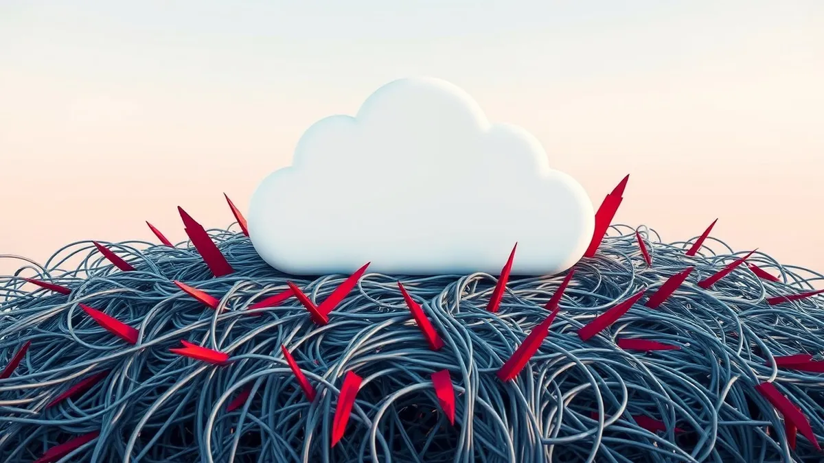 Illustration: A sleek white cloud icon floats above a chaotic tangle of tangled gray wires and jagged red splinters.