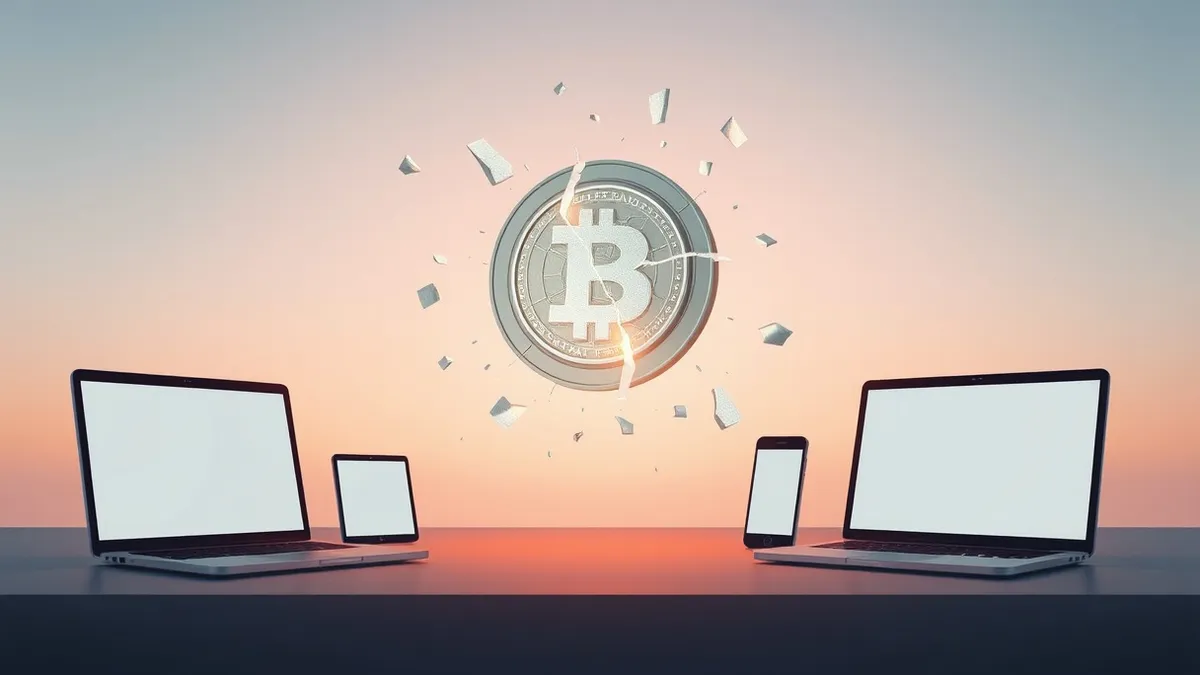Illustration: A glowing digital token floats in mid-air, its protective shell cracked open to reveal jagged data fragments escaping.