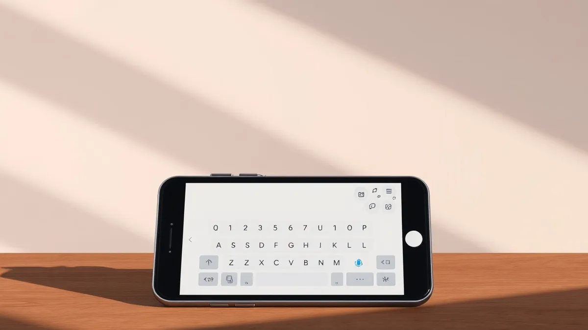 Illustration: A generic black smartphone rests on a wooden desk, its screen displaying a blank keyboard interface with a subtle blue wave graphic pulsing near the microphone icon.