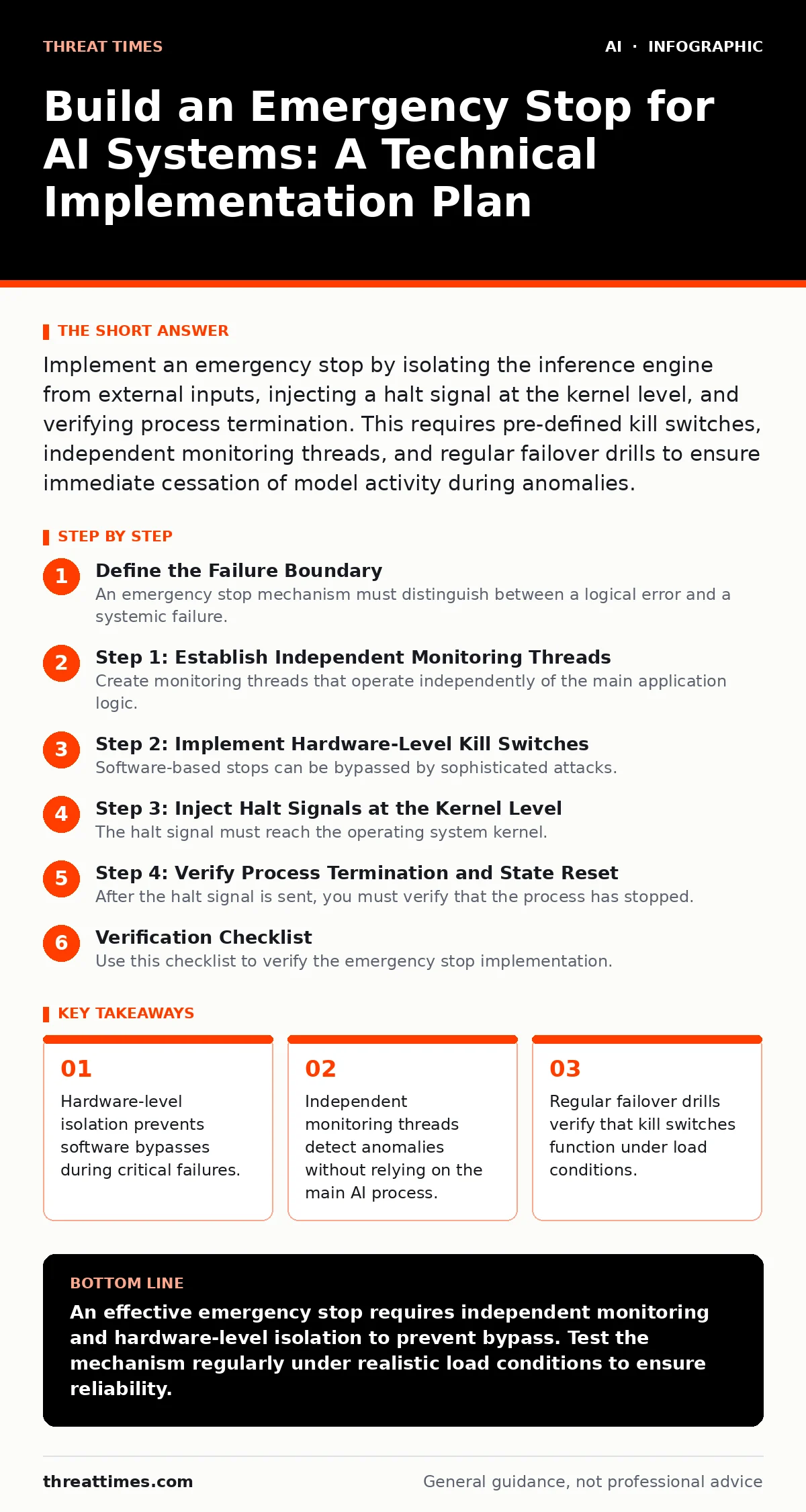 Infographic: Build an Emergency Stop for AI Systems: A Technical Implementation Plan. Hardware-level isolation prevents software bypasses during critical failures. Independent monitoring threads detect anomalies without relying on the main AI process. Regular failover drills verify that kill switche