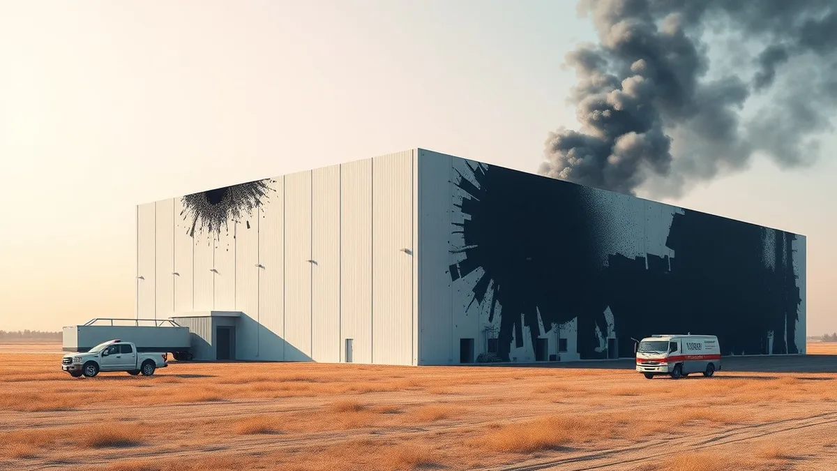 Illustration: A massive white rectangular building sits in a flat field with dark scorch marks and shattered glass on one side.