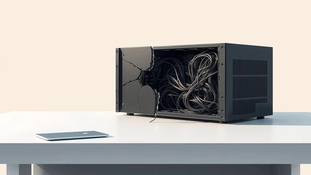 Illustration: A sleek black server blade sits isolated on a clean white desk, its side panel removed to expose intricate internal circuitry.