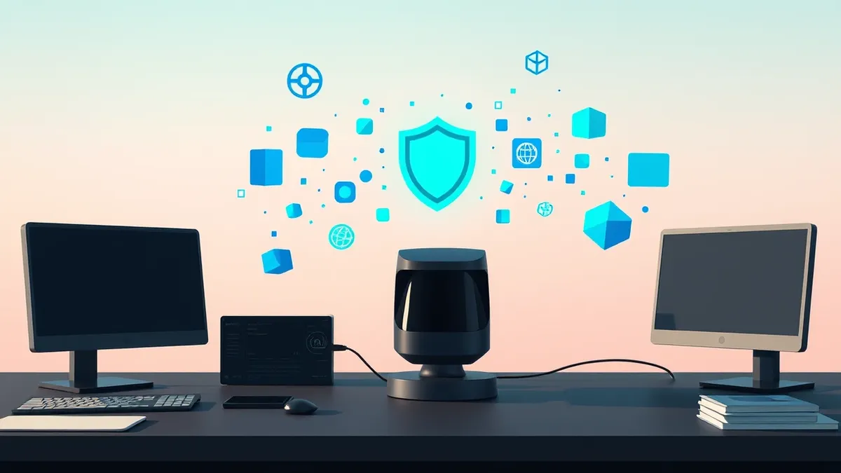 Illustration: A sleek black security sensor sits on a dark desk, surrounded by floating abstract geometric shapes in vibrant blue and green that represent diverse linguistic data s