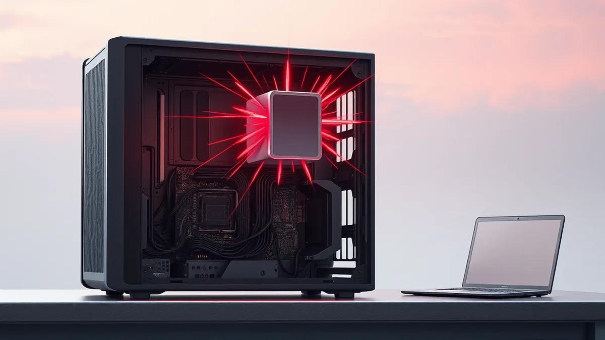 Illustration: A sleek server chassis sits open on a metal workbench.