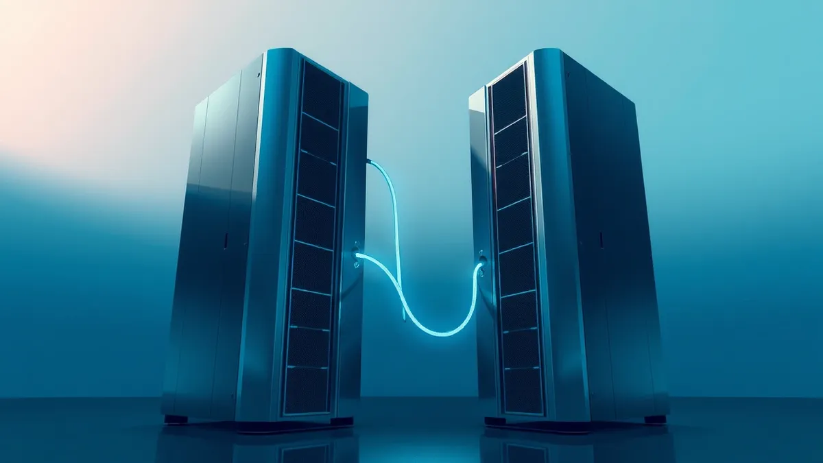 Illustration: Two massive, sleek server towers stand side by side in a dimly lit room, their smooth metallic surfaces reflecting cool blue light.