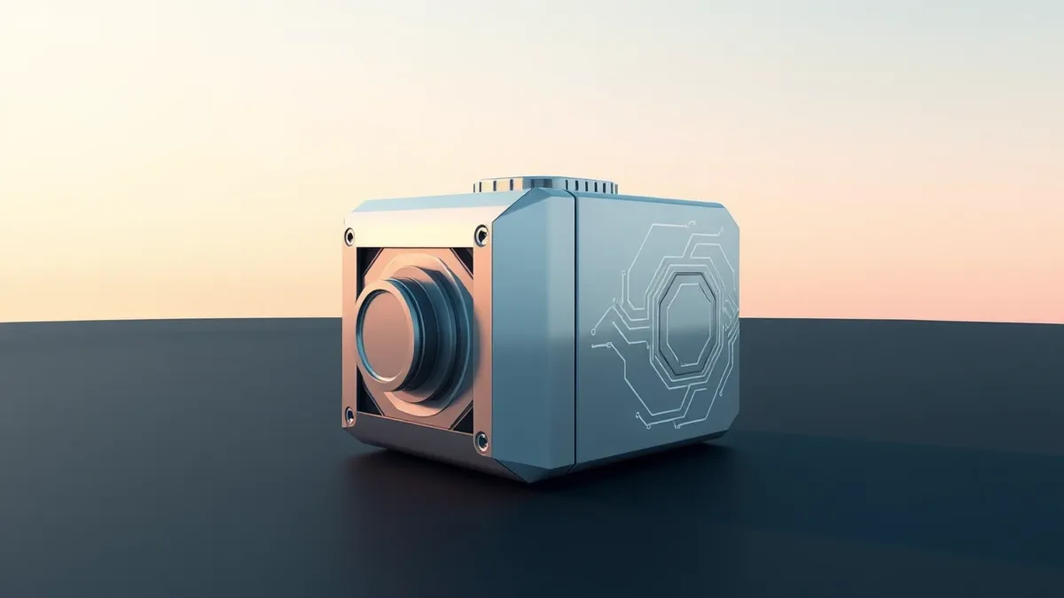 Illustration: A sleek, abstract geometric engine block sits on a dark surface, its metallic panels glowing with soft blue light.
