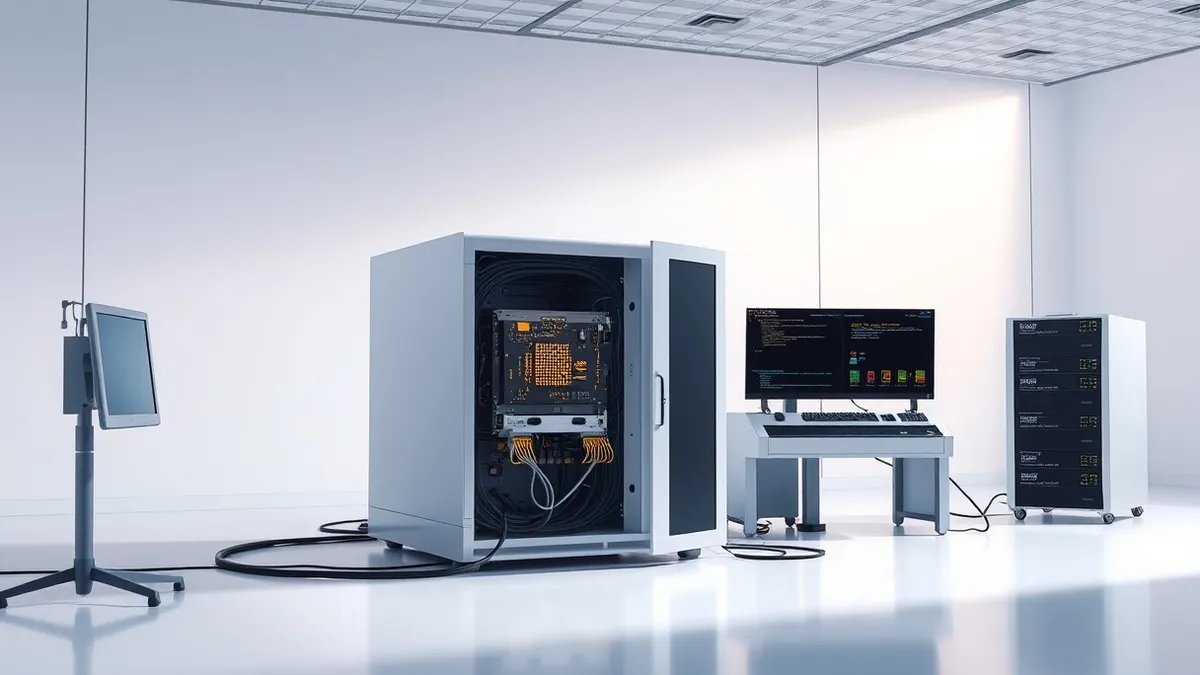 Illustration: A sleek white server unit sits in a clean, minimalist testing lab with its front panel open to reveal glowing circuit boards.