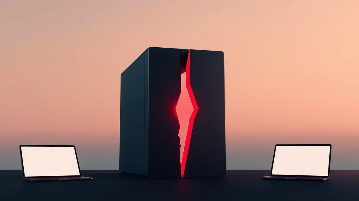 Illustration: A sleek, abstract server icon sits isolated on a dark background.