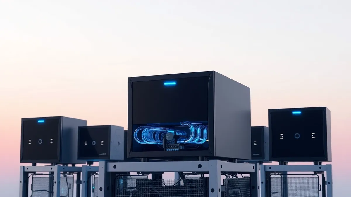 Illustration: A sleek black server box sits on a metal rack, its front panel glowing with soft blue lights.