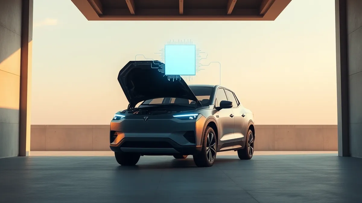 Illustration: A sleek electric pickup truck sits in a quiet garage with its hood raised.