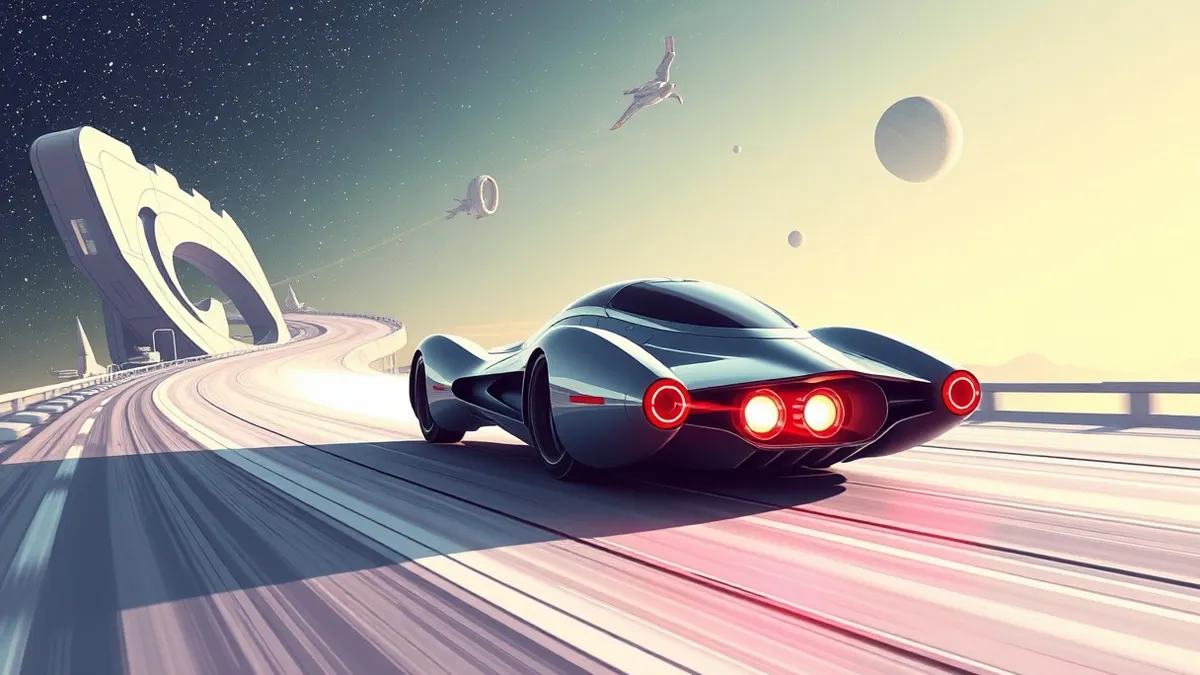 Illustration: A sleek racing pod speeds along a winding track, its engines glowing brightly against a starry backdrop.