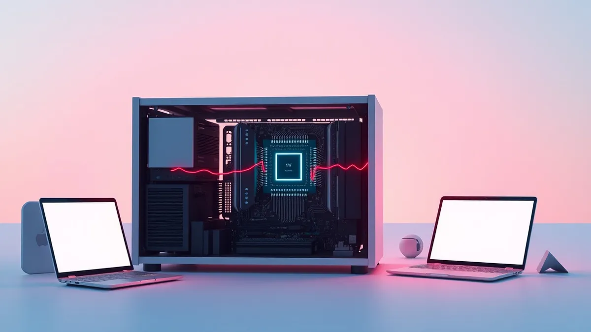 Illustration: A glowing microchip sits inside a sleek, minimalist server casing.
