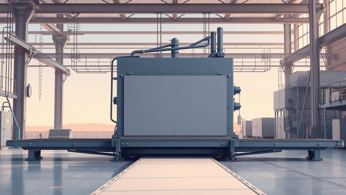 Illustration: A large industrial stamping machine sits idle in a quiet factory floor.