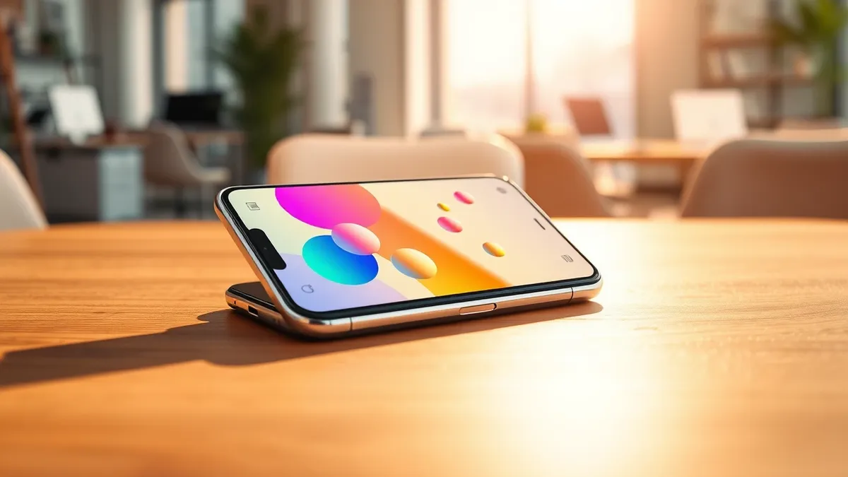 Illustration: A sleek smartphone rests on a wooden desk, its screen displaying a vibrant, abstract chat interface with colorful floating bubbles.