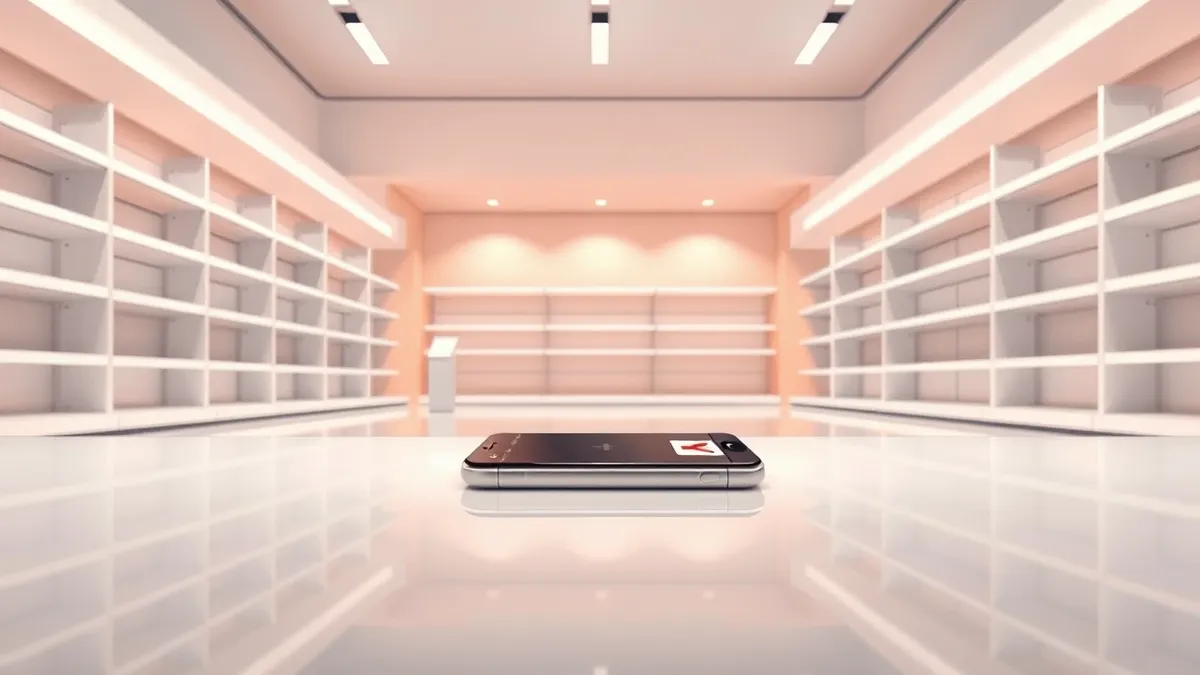 Illustration: A sleek smartphone rests on a minimalist retail counter under bright overhead lighting.