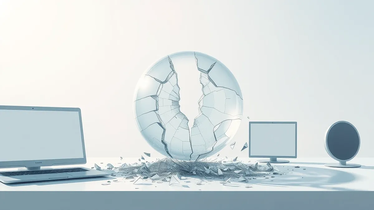 Illustration: A cracked glass sphere sits on a clean white desk, its fractured surface revealing jagged edges.