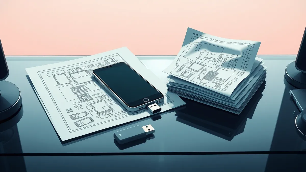 Illustration: A sleek smartphone rests on a glass desk beside a crumpled stack of blank technical schematics.