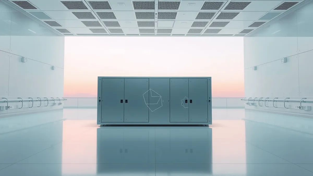 Illustration: A sleek, modular AI server unit sits alone in a sterile, brightly lit room.