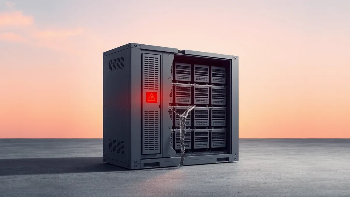 Illustration: A gray industrial server unit sits isolated on a concrete floor, its front panel displaying a single red warning light.