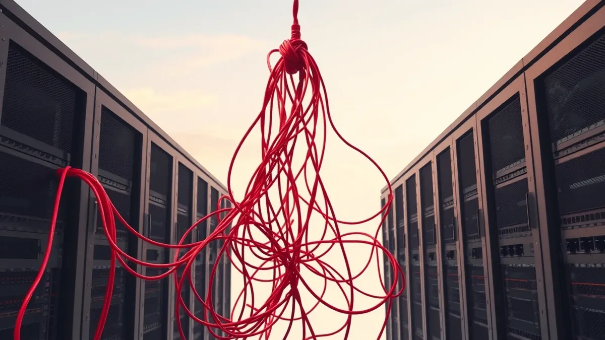 Illustration: A tangled knot of red wires hangs loosely from a black server rack, exposing empty connection ports.