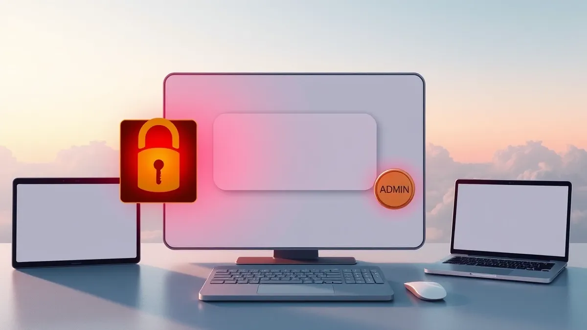 Illustration: A sleek chat interface displays a blank message bubble next to a stolen golden key and a glowing admin badge.