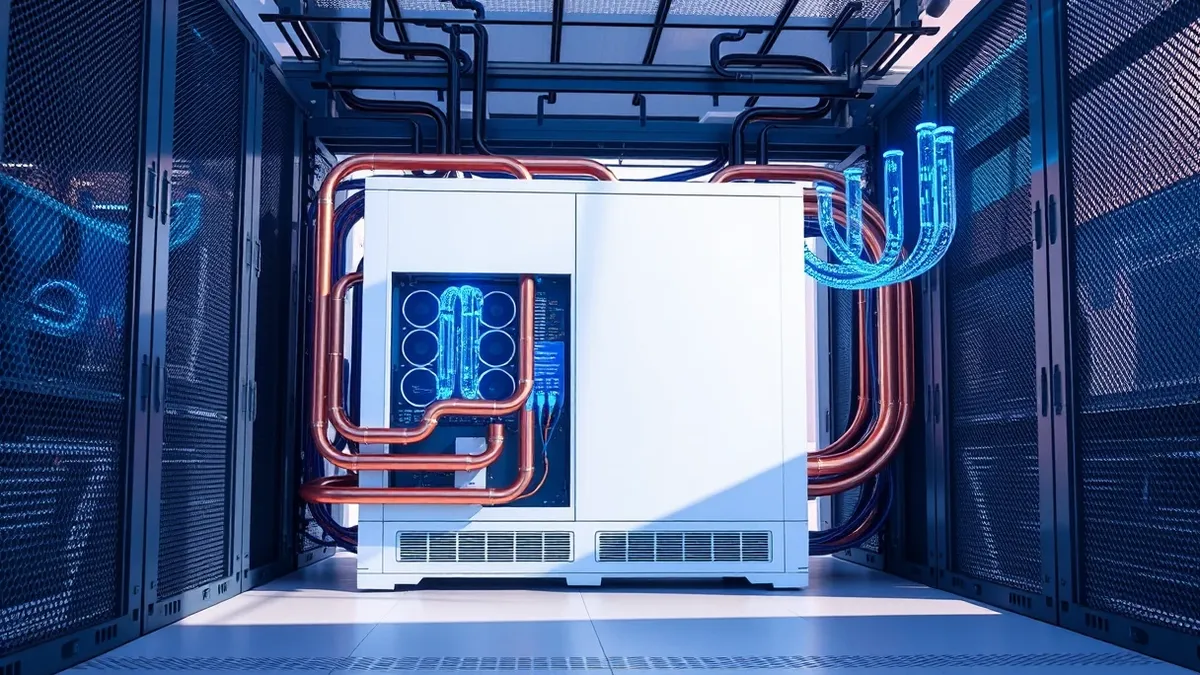 Illustration: A sleek, white blade server sits inside a dense rack, with intricate copper cooling pipes snaking around its core.