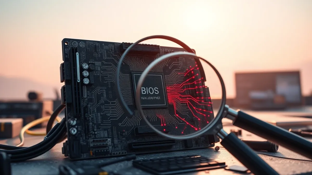 Illustration: A dusty computer motherboard sits on a workbench under bright light.