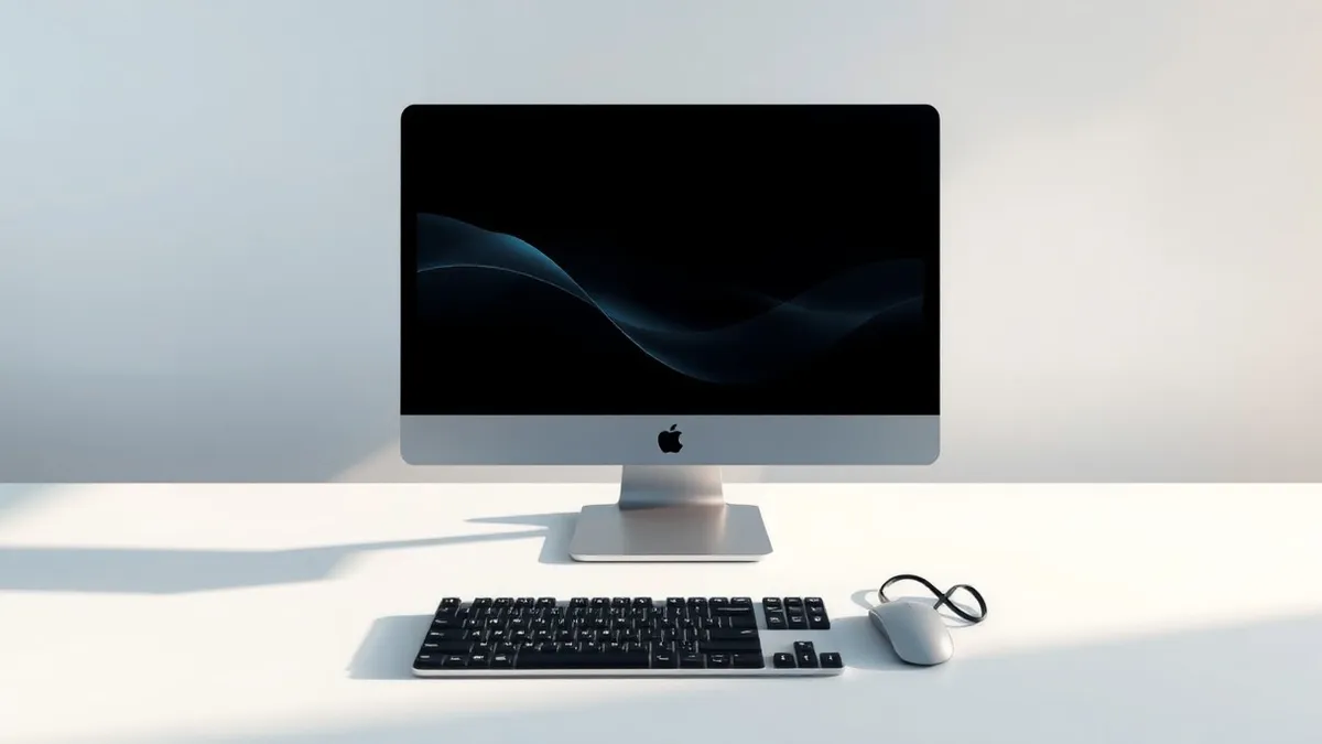 Illustration: A sleek silver desktop computer sits on a minimalist white desk.