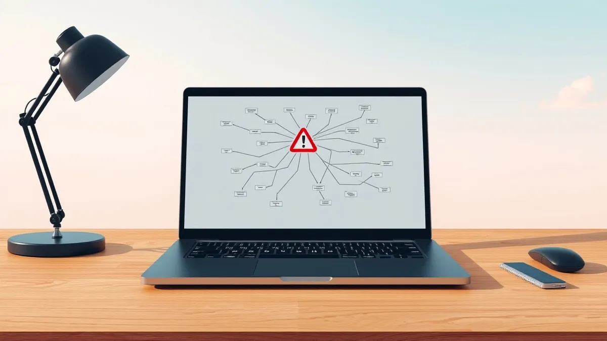 Illustration: A sleek black laptop sits on a wooden desk, its screen displaying a complex flowchart with interconnected nodes and branching paths.